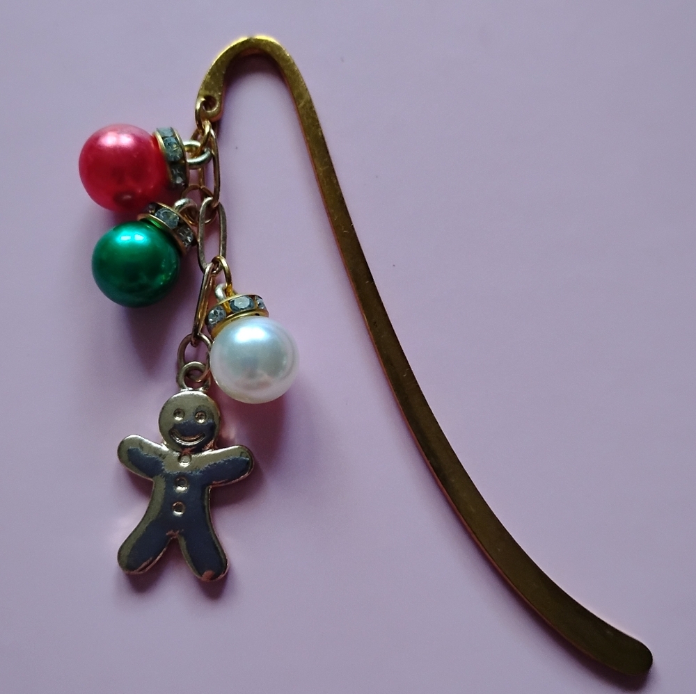 Gingerbreadman Bookmark Charm - Gold, Red, Green, White Christmas